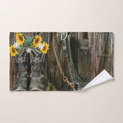 Horse Cowboy Boots Sunflowers Rustic Barn Board Hand Towel