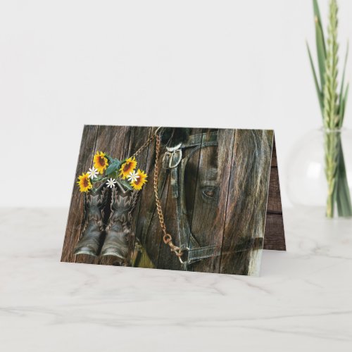 Horse Cowboy Boots Sunflowers Rustic Barn Board Holiday Card