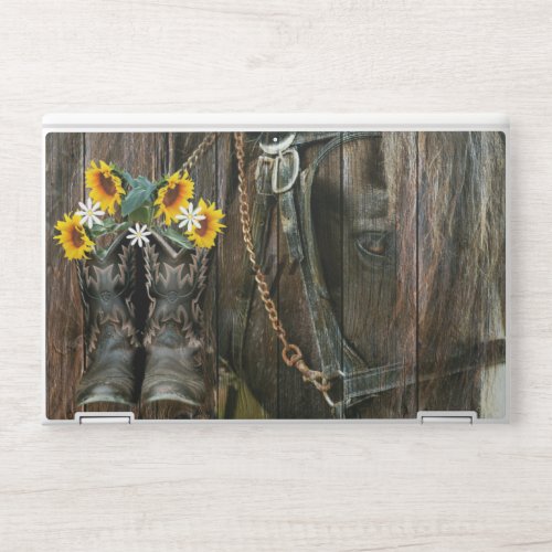 Horse Cowboy Boots Sunflowers Rustic Barn Board HP Laptop Skin