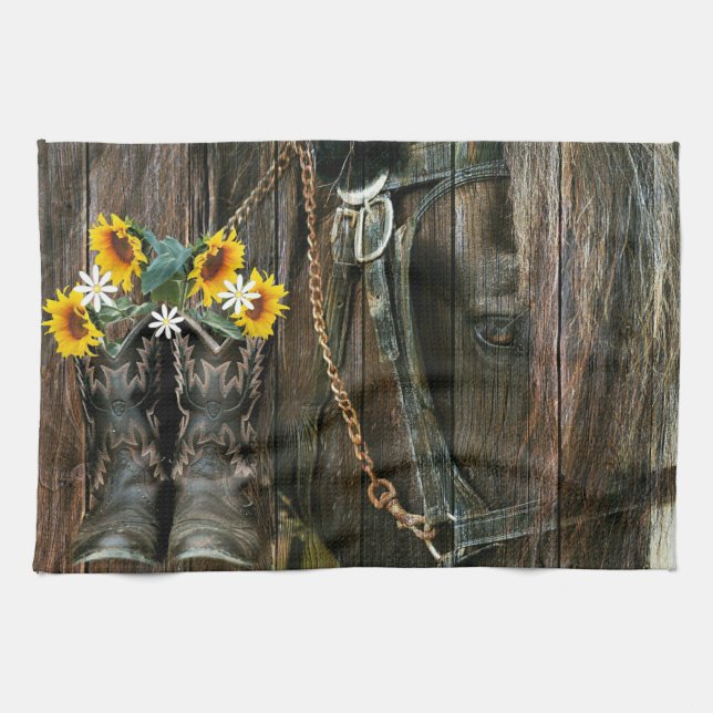 Horse Cowboy Boots Sunflowers Rustic Barn Board Kitchen Towel (Horizontal)