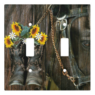 Horse Cowboy Boots Sunflowers Rustic Barn Board Light Switch Cover