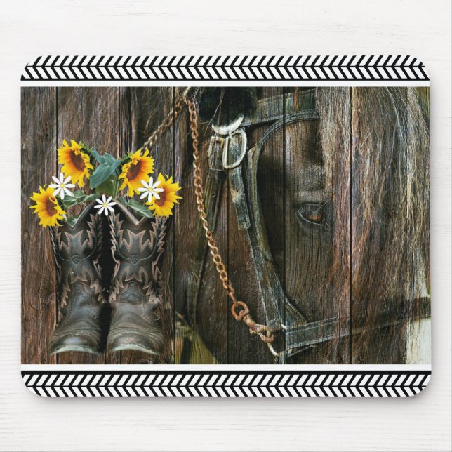 Horse Cowboy Boots Sunflowers Rustic Barn Board Mouse Pad (Front)