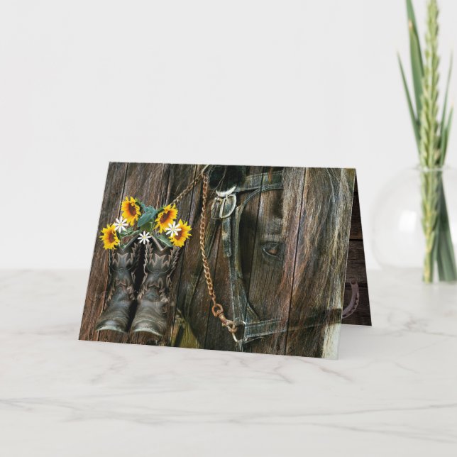 Horse Cowboy Boots Sunflowers Rustic Barn Board No Note Card (Front)