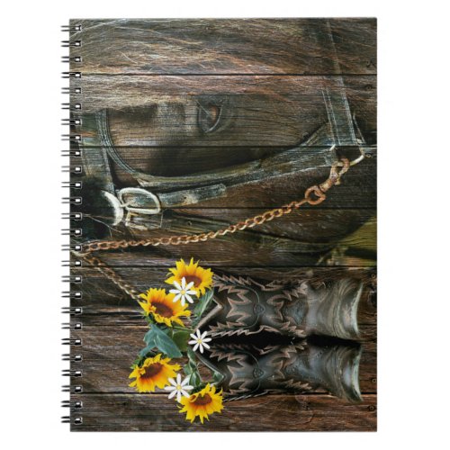 Horse Cowboy Boots Sunflowers Rustic Barn Board Notebook