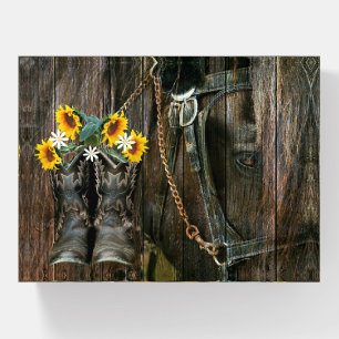 Horse Cowboy Boots Sunflowers Rustic Barn Board Paperweight