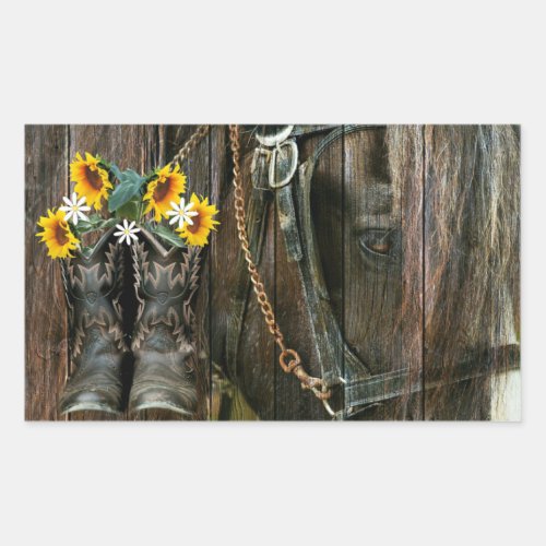 Horse Cowboy Boots Sunflowers Rustic Barn Board Rectangular Sticker