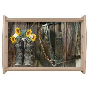Horse Cowboy Boots Sunflowers Rustic Barn Board Serving Tray