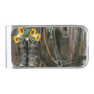 Horse Cowboy Boots Sunflowers Rustic Barn Board Silver Finish Money Clip