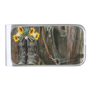 Horse Cowboy Boots Sunflowers Rustic Barn Board Silver Finish Money Clip