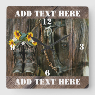 Horse Cowboy Boots Sunflowers Rustic Barn Board Square Wall Clock