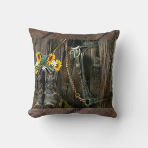 Horse Cowboy Boots Sunflowers Rustic Barn Board Throw Pillow