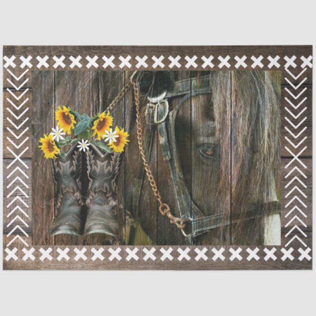 Horse Cowboy Boots Sunflowers Rustic Barn Board Tissue Paper (Front)
