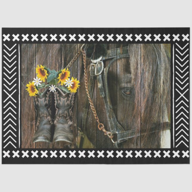 Horse Cowboy Boots Sunflowers Rustic Barn Board Tissue Paper (Front)