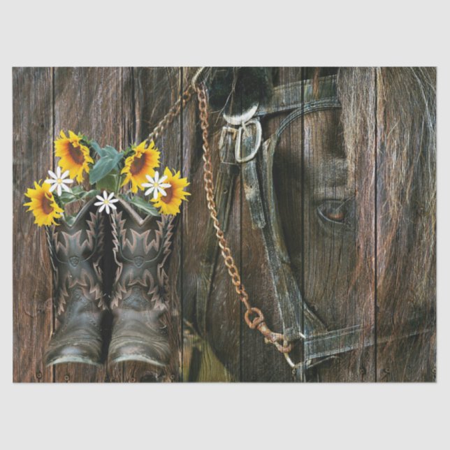Horse Cowboy Boots Sunflowers Rustic Barn Board Tissue Paper (Front)