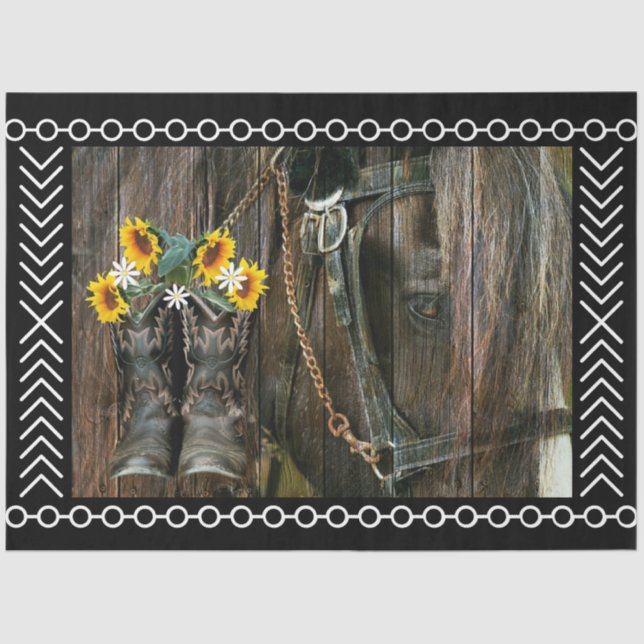 Horse Cowboy Boots Sunflowers Rustic Barn Board Tissue Paper (Front)