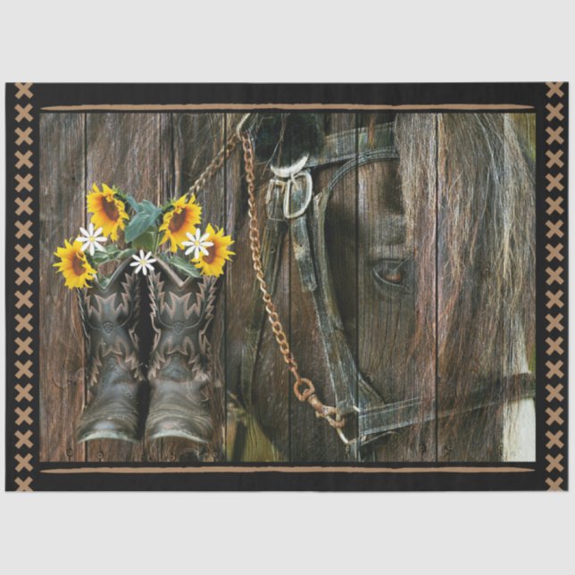 Horse Cowboy Boots Sunflowers Rustic Barn Board Tissue Paper (Front)