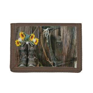 Horse Cowboy Boots Sunflowers Rustic Barn Board Trifold Wallet