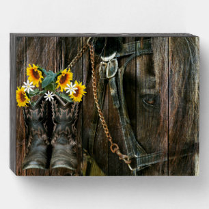 Horse Cowboy Boots Sunflowers Rustic Barn Board Wooden Box Sign