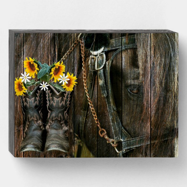 Horse Cowboy Boots Sunflowers Rustic Barn Board Wooden Box Sign (Front Horizontal)