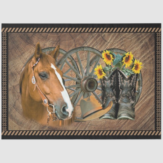Horse Cowboy Boots Wagon Wheel Rustic Barn Wood Tissue Paper (Front)
