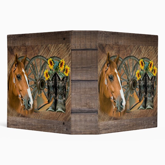 Horse Cowboy Boots Wagon Wheel Sunflowers Western 3 Ring Binder (Background)