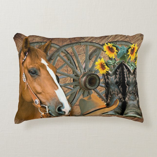 Horse Cowboy Boots Wagon Wheel Sunflowers Western Accent Pillow (Front)