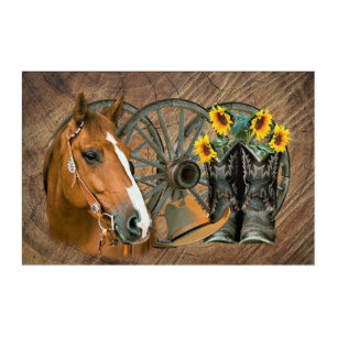 Horse Cowboy Boots Wagon Wheel Sunflowers Western Acrylic Print