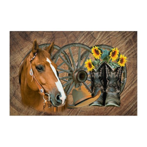 Horse Cowboy Boots Wagon Wheel Sunflowers Western Acrylic Print