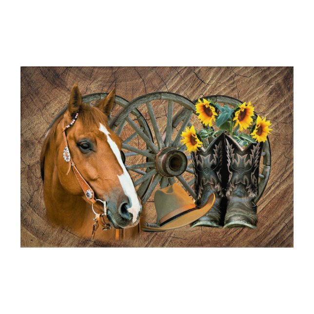 Horse Cowboy Boots Wagon Wheel Sunflowers Western Acrylic Print (Front)