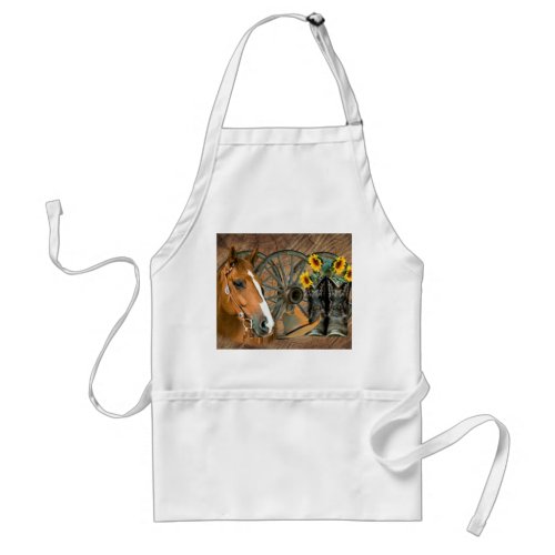 Horse Cowboy Boots Wagon Wheel Sunflowers Western Adult Apron