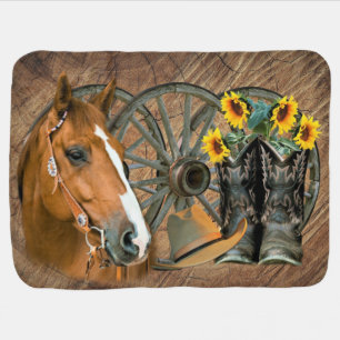 Horse Cowboy Boots Wagon Wheel Sunflowers Western Baby Blanket