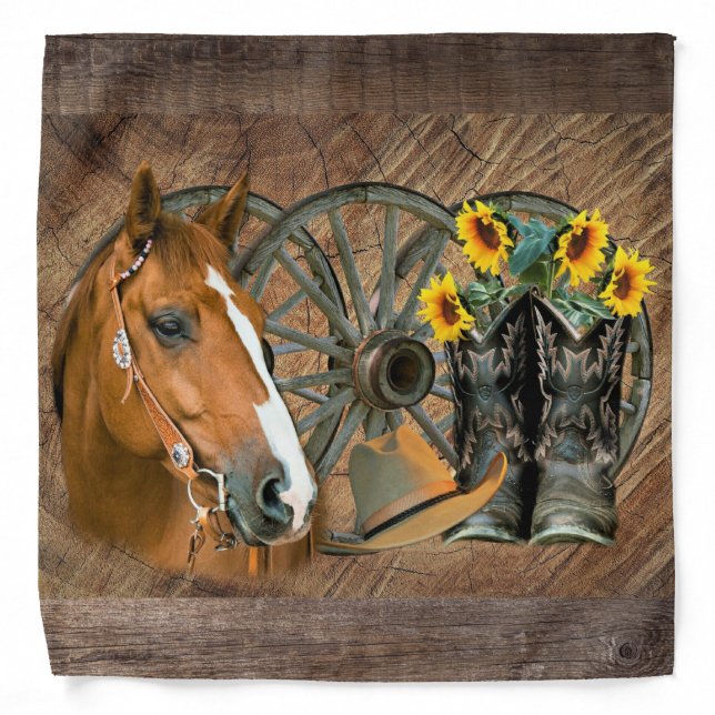 Horse Cowboy Boots Wagon Wheel Sunflowers Western Bandana (Front)