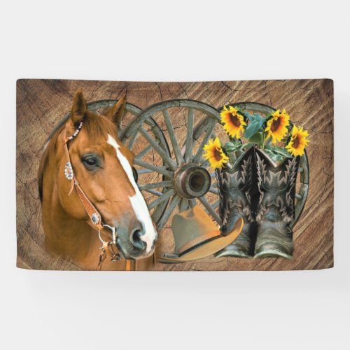 Horse Cowboy Boots Wagon Wheel Sunflowers Western Banner