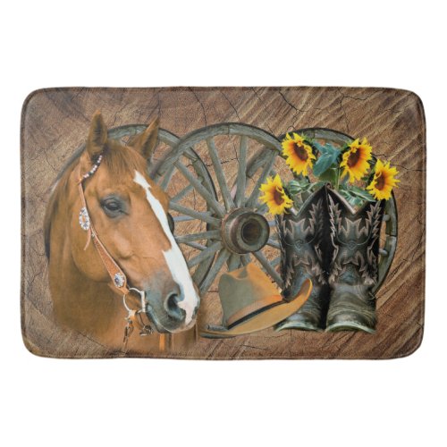 Horse Cowboy Boots Wagon Wheel Sunflowers Western Bath Mat