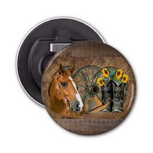 Horse Cowboy Boots Wagon Wheel Sunflowers Western Bottle Opener