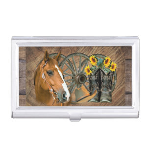 Horse Cowboy Boots Wagon Wheel Sunflowers Western Business Card Case