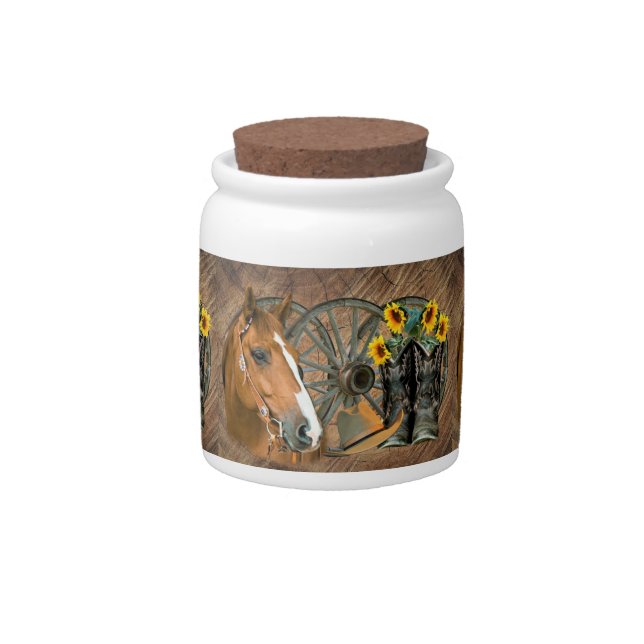 Horse Cowboy Boots Wagon Wheel Sunflowers Western Candy Jar (Front)