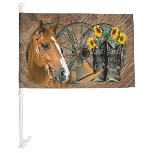 Horse Cowboy Boots Wagon Wheel Sunflowers Western Car Flag