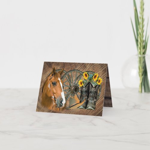 Horse Cowboy Boots Wagon Wheel Sunflowers Western  Card