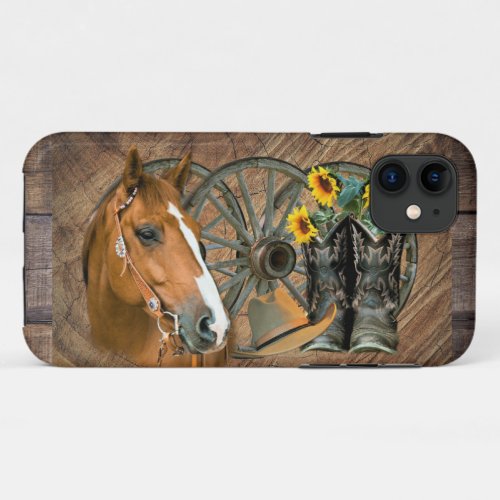 Horse Cowboy Boots Wagon Wheel Sunflowers Western iPhone 11 Case