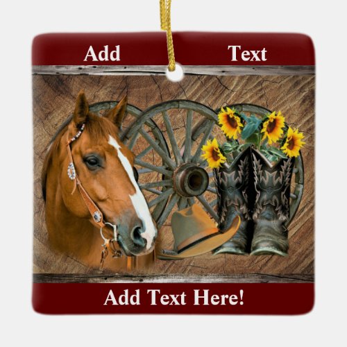 Horse Cowboy Boots Wagon Wheel Sunflowers Western  Ceramic Ornament