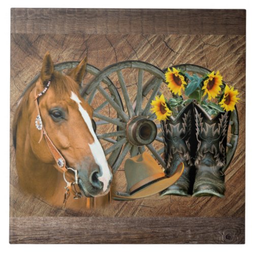 Horse Cowboy Boots Wagon Wheel Sunflowers Western Ceramic Tile