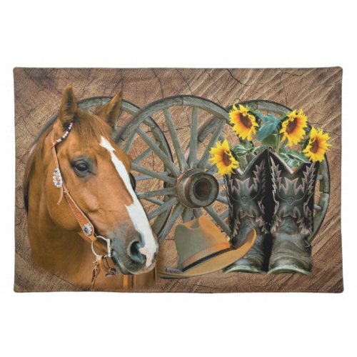 Horse Cowboy Boots Wagon Wheel Sunflowers Western Cloth Placemat