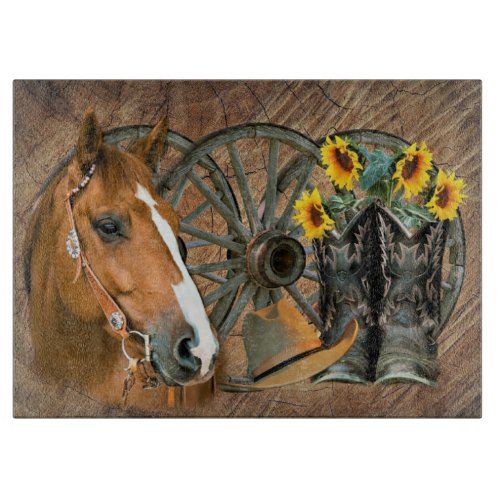 Horse Cowboy Boots Wagon Wheel Sunflowers Western Cutting Board