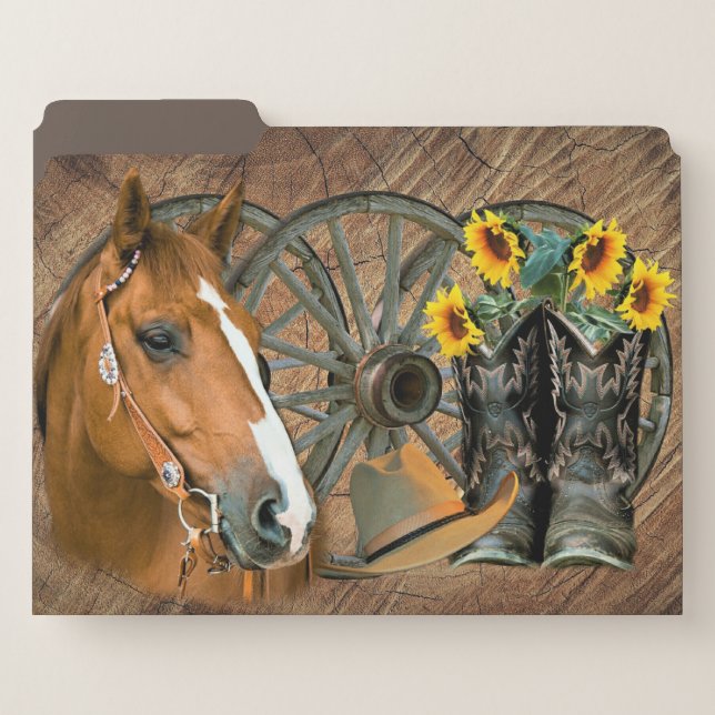 Horse Cowboy Boots Wagon Wheel Sunflowers Western File Folder (Front Left)