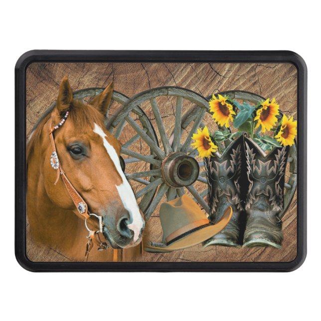 Horse Cowboy Boots Wagon Wheel Sunflowers Western Hitch Cover (Front)