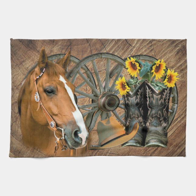 Horse Cowboy Boots Wagon Wheel Sunflowers Western Kitchen Towel (Horizontal)