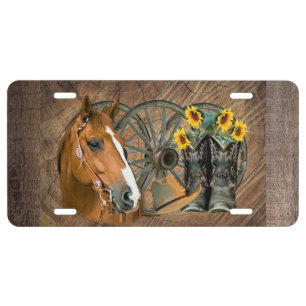 Horse Cowboy Boots Wagon Wheel Sunflowers Western License Plate
