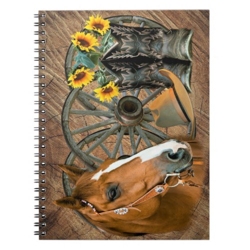 Horse Cowboy Boots Wagon Wheel Sunflowers Western Notebook