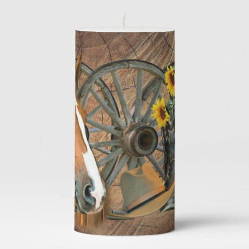 Horse Cowboy Boots Wagon Wheel Sunflowers Western Pillar Candle